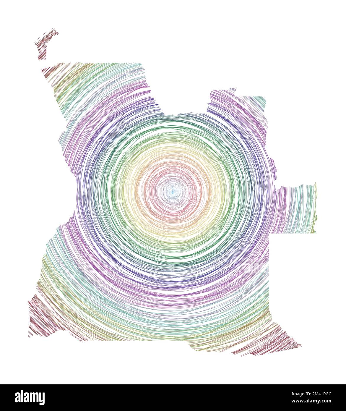 Angola-Karte gefüllt mit konzentrischen Kreisen. Skizzieren Sie Kreise in Form des Landes. Vektorabbildung. Stock Vektor