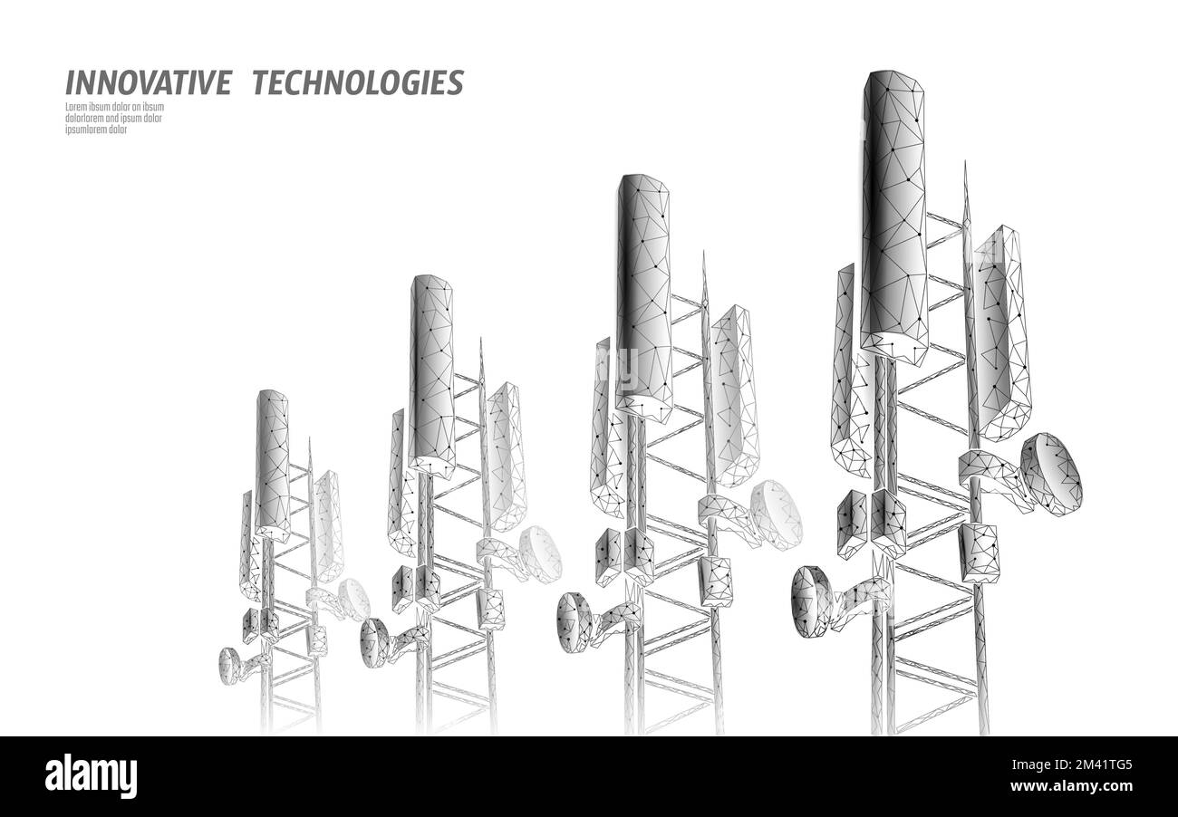 3d-Empfänger der Basisstation. Telecommunication Tower 5 g polygonalen Design global connection Informationen Sender. Die Funkantenne zellulären Vektor Stock Vektor