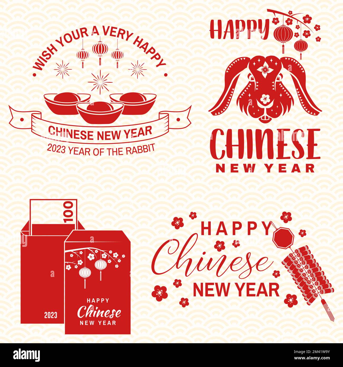 „Happy Chinese 2023 New Year“-Design im Retro-Stil. Das chinesische Neujahrsfest des Kaninchens, eine klassische Postkarte. Chinesisches Zeichen für Kaninchen-Grußkarte Stock Vektor