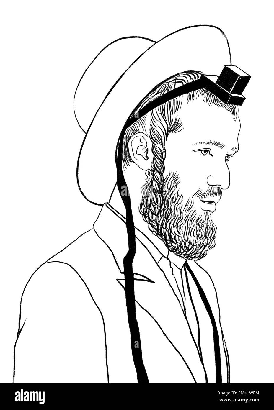 Orthodoxer jude mit Seitenschlössern, die Tefillin tragen, und die Skizze mit der Huttinte. Stockfoto