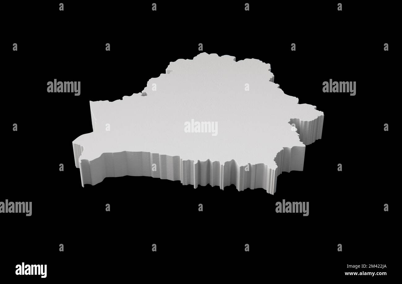 Eine 3D-Darstellung einer topografischen Karte von Belarus, isoliert auf schwarzem Hintergrund Stockfoto