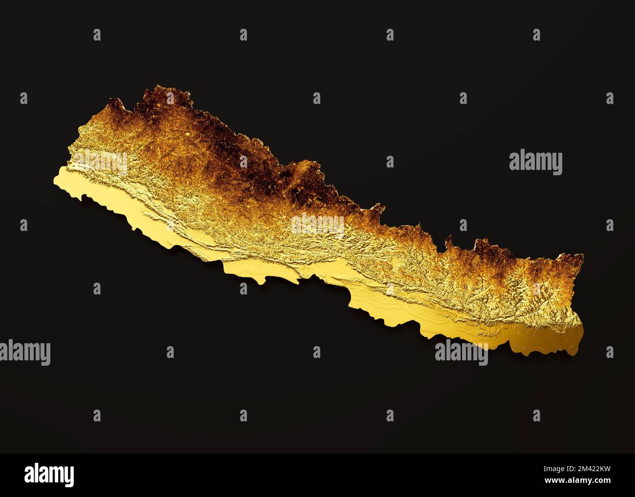 Eine 3D-Darstellung einer topographischen Karte Nepals, isoliert auf schwarzem Hintergrund Stockfoto