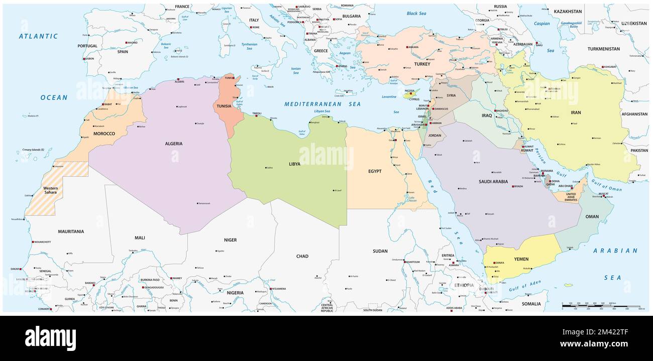 Karte der Mena-Region, des Nahen Ostens und Nordafrikas Stockfoto