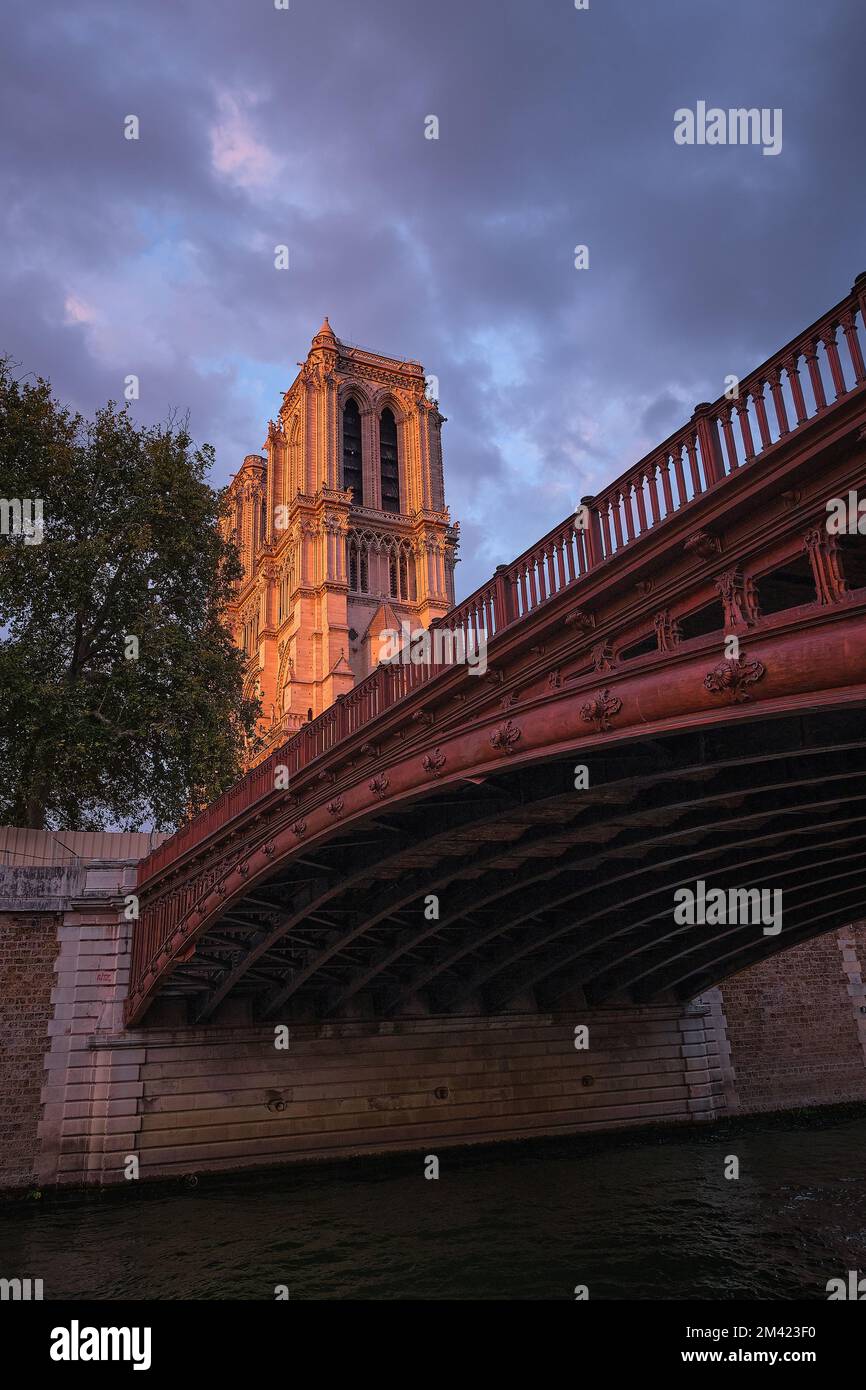 Ein vertikaler, tiefer Winkel der Pont au Double Brücke mit Blick auf die Kathedrale Notre-Dame in Paris Stockfoto