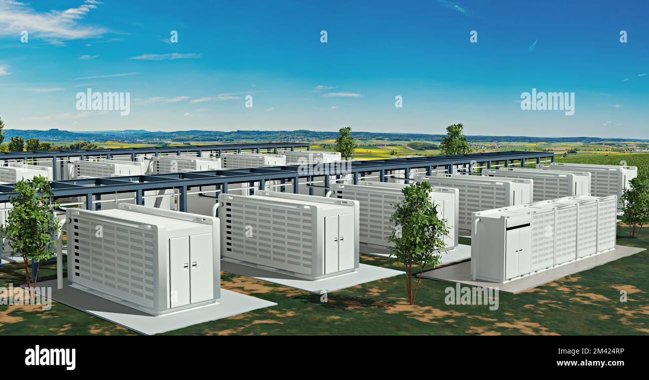 Ein moderner Batteriespeicher in der Natur Stockfoto