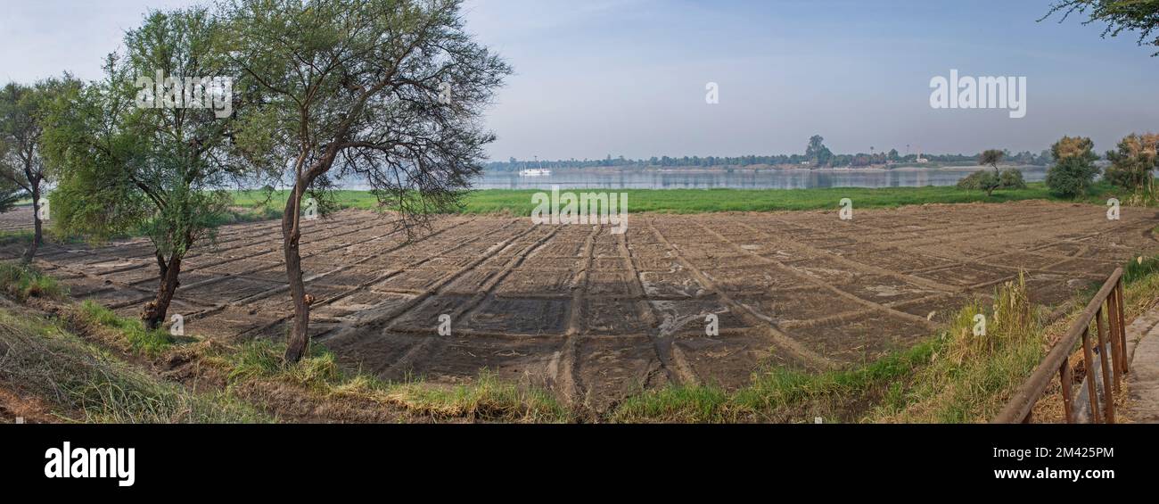 Panoramablick auf Ackerland Wiesen in ländlicher Landschaft am Rande des großen Flusses Stockfoto