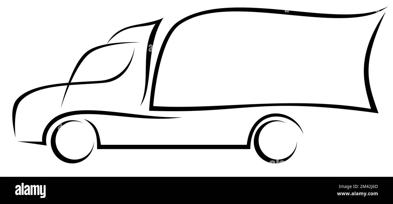 Dynamische Vektordarstellung eines Lkw mit amerikanischer Motorhaube und zwei Achsen als Logo für ein Lieferunternehmen (Lkw der Klasse 6) Stockfoto