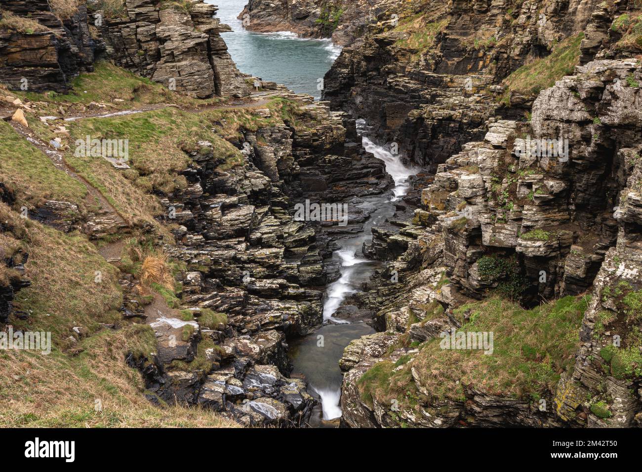 Ich schaue auf einen Fluss, der durch eine Schlucht fließt, und dann hinaus aufs Meer. Tintagel, Cornwall Stockfoto