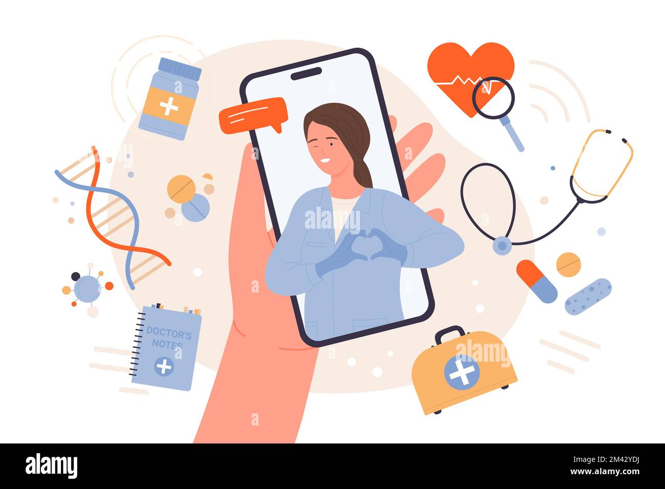 Medizinischer Online-Dienst, telemedizinische Vektordarstellung. Cartoon-Patienten halten Smartphone mit mobiler App in der Hand, lustige Ärztin in Uniform zeigt Herzgesten auf dem Handy-Bildschirm Stock Vektor