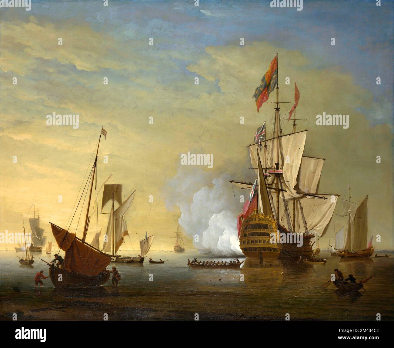 Hafenszene: Ein englisches Schiff mit gelockerten Segeln, das eine Pistole vom englischen Künstler Peter Monamy (1681-1749) abfeuert, Öl auf Leinwand Stockfoto