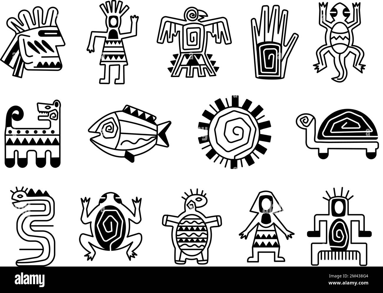Maya-Totempfähle, Tattoo-ethnische Zeichen. Kunstvolle aztekenmythologie, mexikanische indianer oder inka mythologische Tradition anständige Vektorstammeselemente Stock Vektor