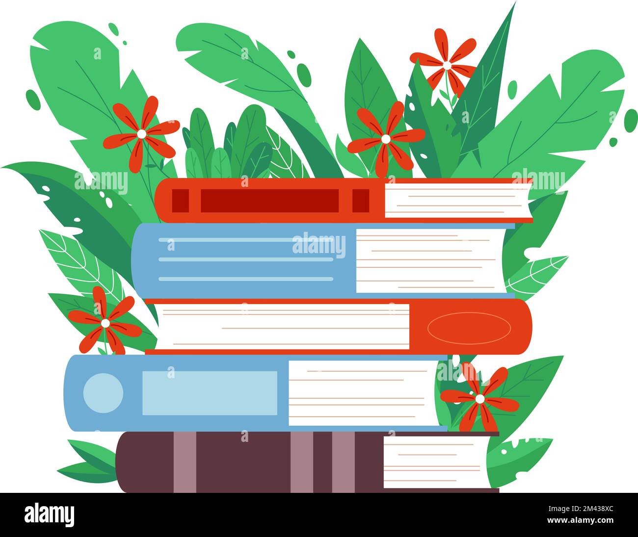 Zeichentrickbücher stapeln sich. Buchen Sie grüne Blätter und Blumen. Bibliothek, Buchhandlung oder Bildungsvektorkonzept. Selbststudienliteratur, lesen Stock Vektor
