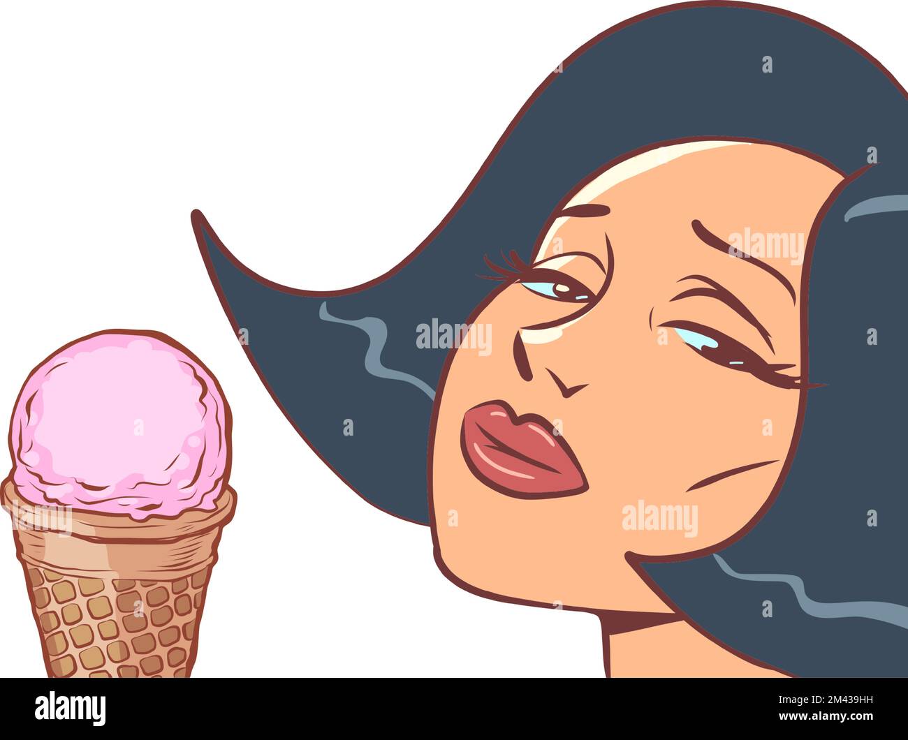 Eine Frau mit einer Eiscreme. Süße Delikatesse, traurige Stimmung Stock Vektor