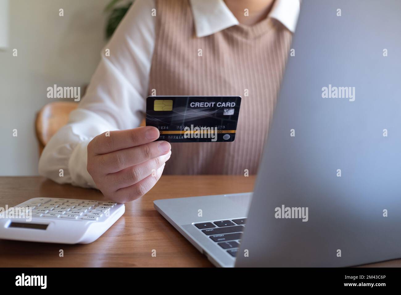 Frauen kaufen online mit Kreditkartenzahlungen über Laptop, Online-Shopping und Online-Banking-Konzept Stockfoto