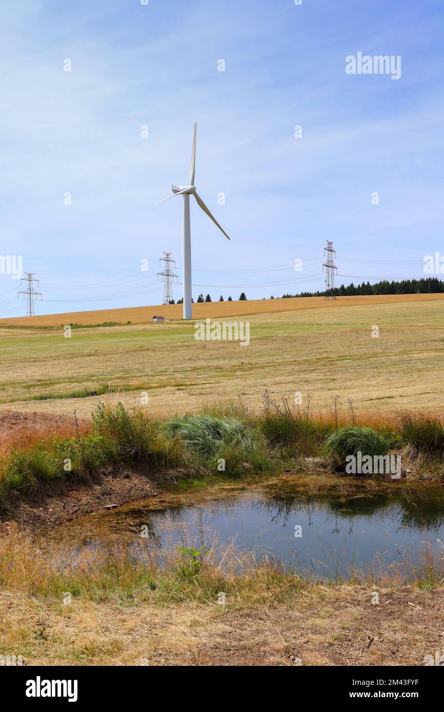 Hochspannungsleitungen und Windkraftanlagen Stockfoto