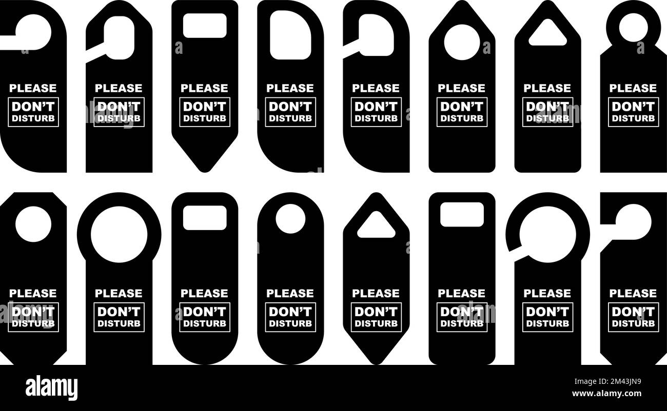 Türgriff Aufhänger Set. „Do Not Disturb Room“-Hotel-Symbolsammlung. Verschiedene Etiketten auf der Tür des Hostelzimmers. Schwarze Kleiderbügel Vektorschablone isoliert von Papier ruhig für Motel Stock Vektor