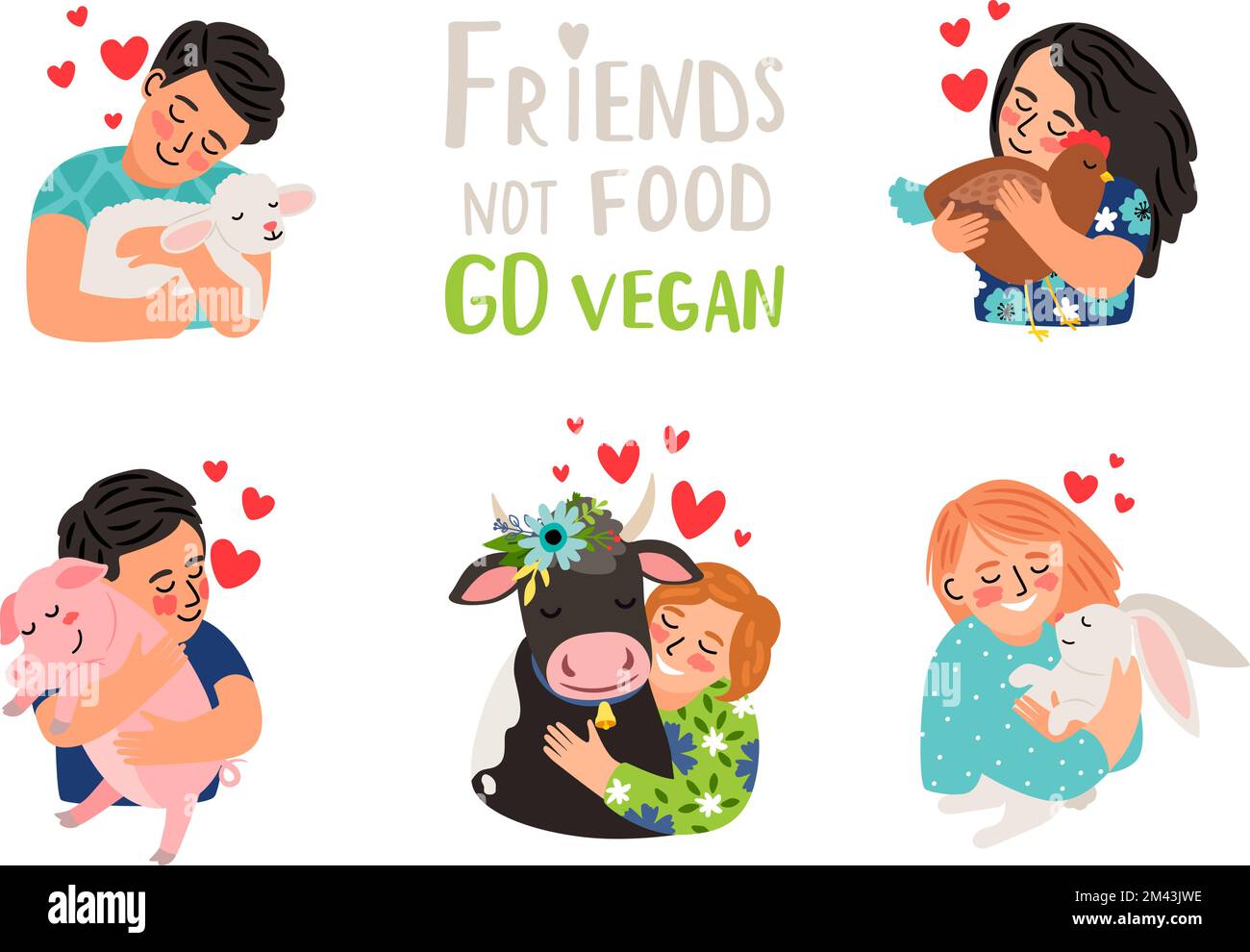 Freunde, kein Essen. Geh Veganer. Kleine Kinder umarmen kleine Tierbabys und zeigen ihnen ihre Liebe. Naturrespektbegriff und Veganer. Vektordarstellung über die Freundschaft zwischen Menschen und Tieren Stock Vektor