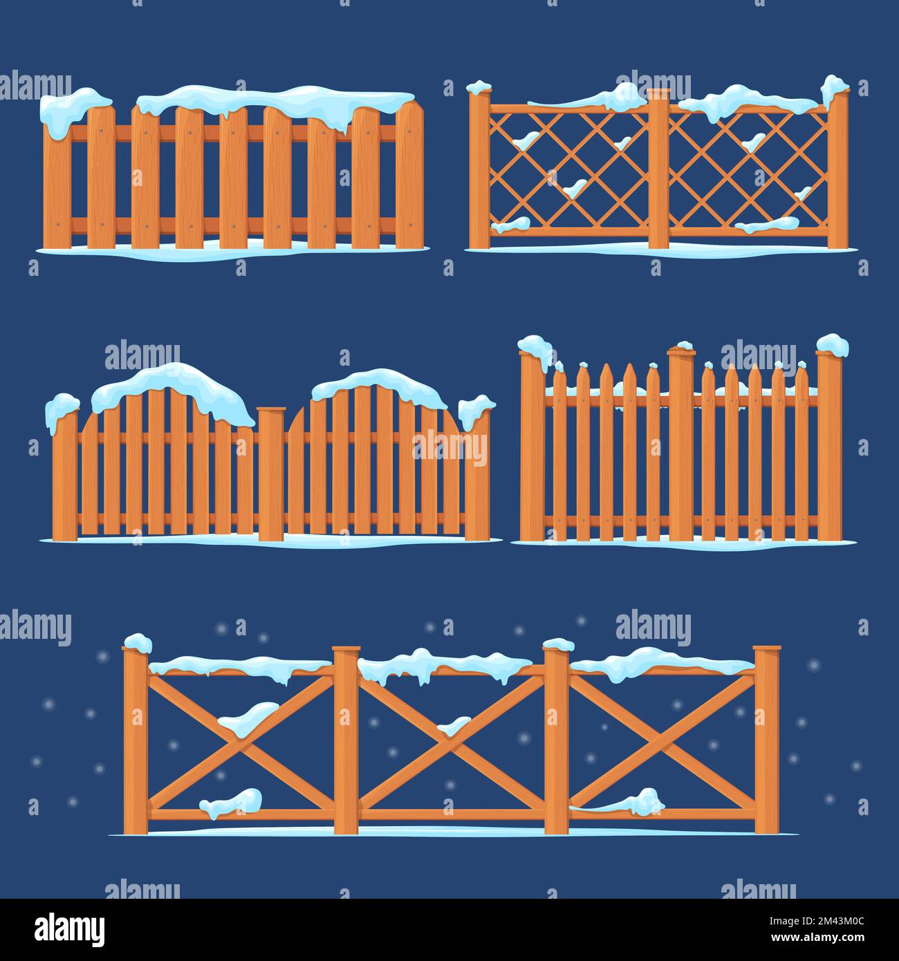 Schneezaun. Winter Holzzäune bedeckte gefrorene Schneeverwehungen, schneebedeckte Holzeinhausungen, Eiszapfen und Eisschneeflocke auf kalter Holzplanke, Cartoon ordentliche Vektordarstellung Stock Vektor