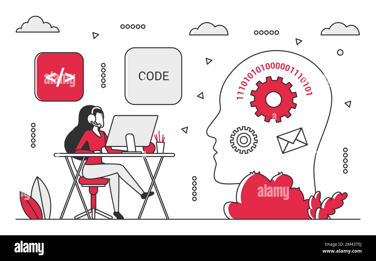 Programmierer denken. Software-Code-Entwicklung, Computerprogrammierungsvektor-Monokolor-Illustration Stock Vektor