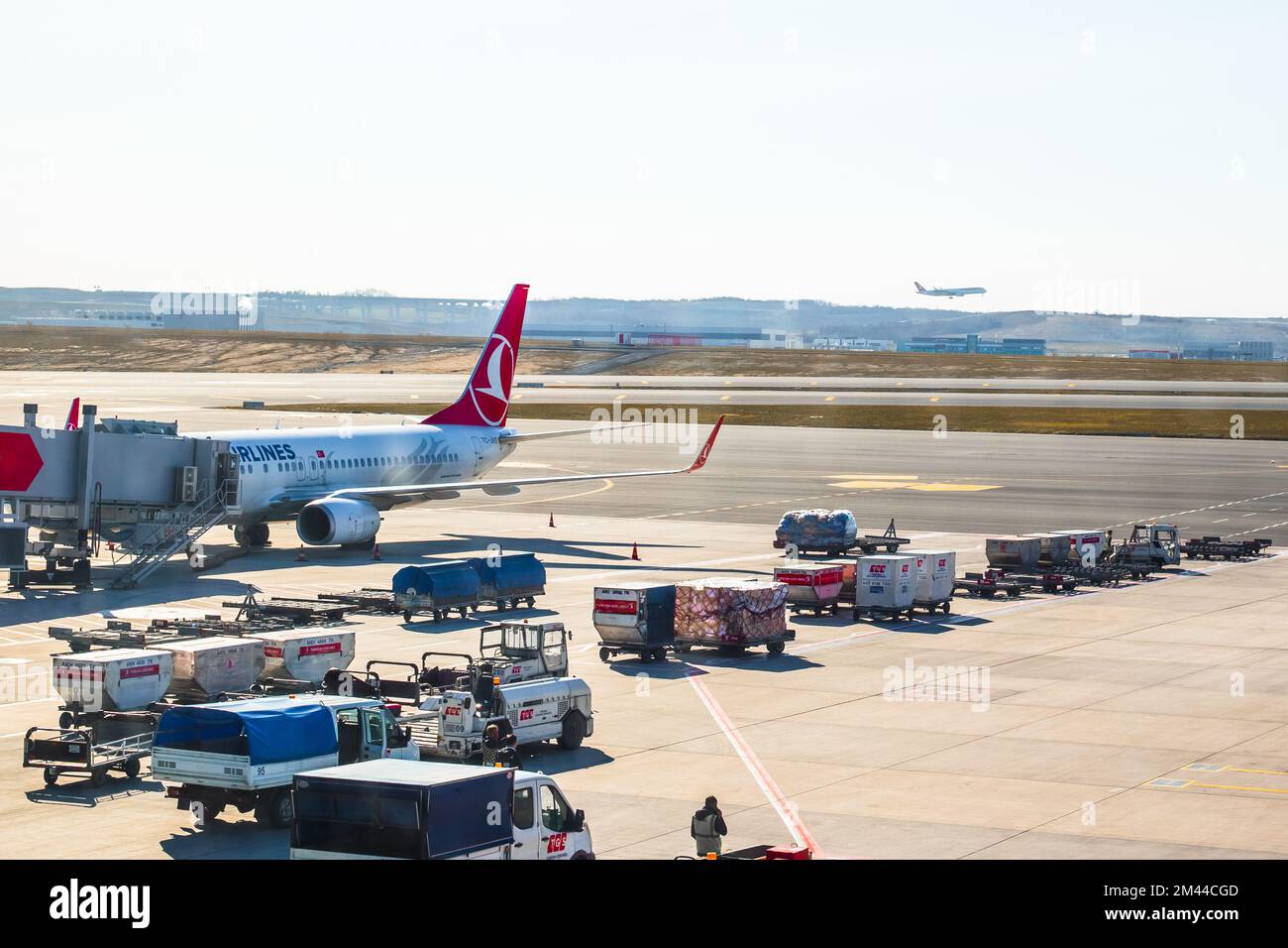 Passagiere durch die Hülle im Flugzeug der türkischen Fluggesellschaft einsteigen. Türkei, Istanbul-24.03.2022 Stockfoto