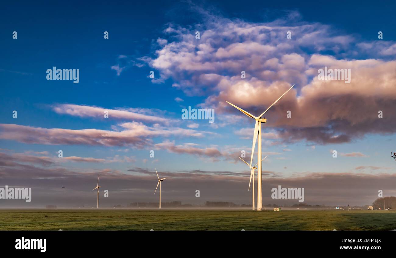 Landschaftsaufnahmen bei Sonnenaufgang mit Bodennebel und blauem Himmel mit Cumuluswolken und Windturbinen zur Erzeugung nachhaltiger, sauberer, grüner Energie Stockfoto
