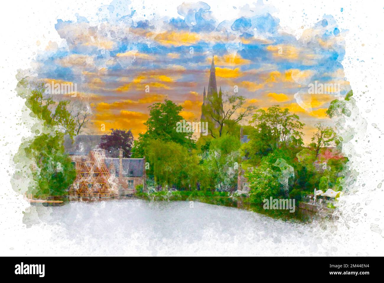 Aquarellgemälde der Stadtlandschaft von Brügge. Reisen Sie nach Brügge Belgien Konzept. Blick auf Brügge bei Sonnenuntergang. Aquarellmalerei Stockfoto