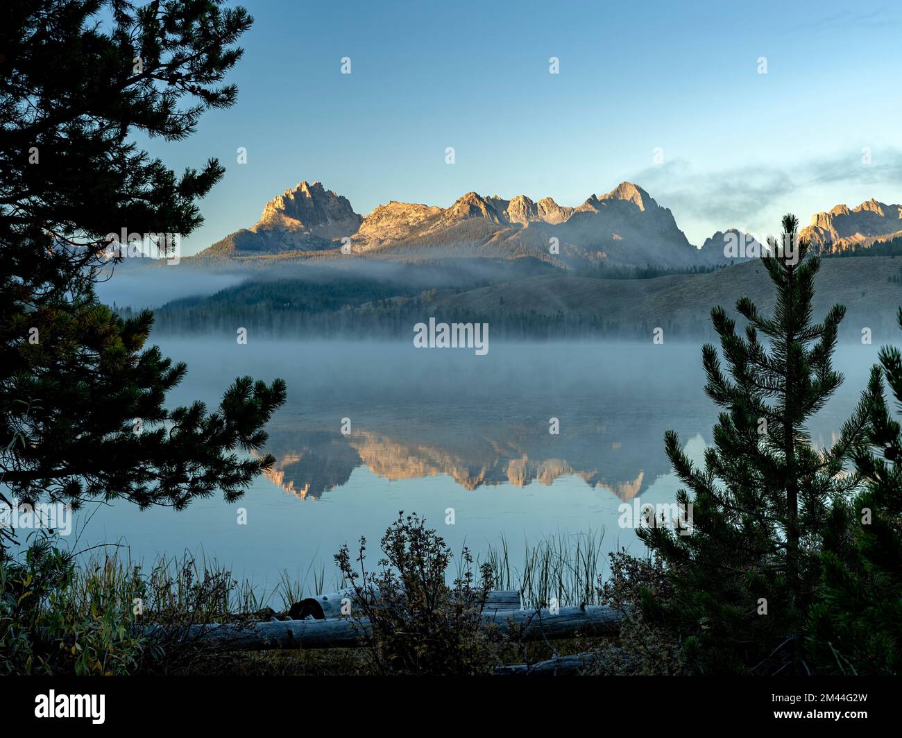 Die Berge und der See von Idaho sind von einem natürlichen Rahmen aus Bäumen umgeben Stockfoto