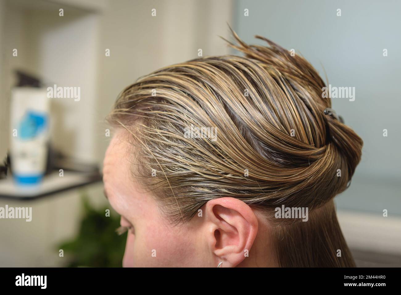 Haare vor dem Färben und Schneiden waschen. Frau mit nassen Haaren vor Haarschnitt und Färbung Stockfoto