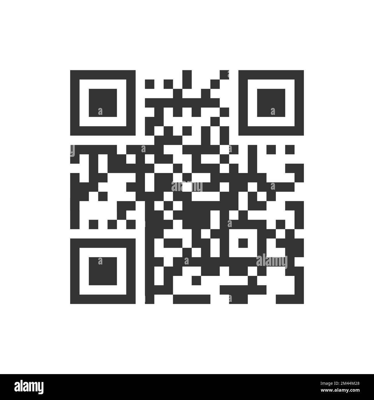 QR-Code-Symbol. Gefälschte Vorlage eines schnellreaktionsschnellen Matrix-Barcodes im quadratischen Raster. Auf weißem Hintergrund isoliertes digitales Etikett mit der Kamera des Mobiltelefons. Grafische Vektordarstellung Stock Vektor