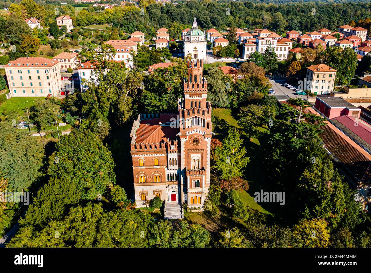 Luftaufnahme des UNESCO-Weltkulturerbes „Firmenstadt“. Crespi dÂ Adda, Italien Stockfoto