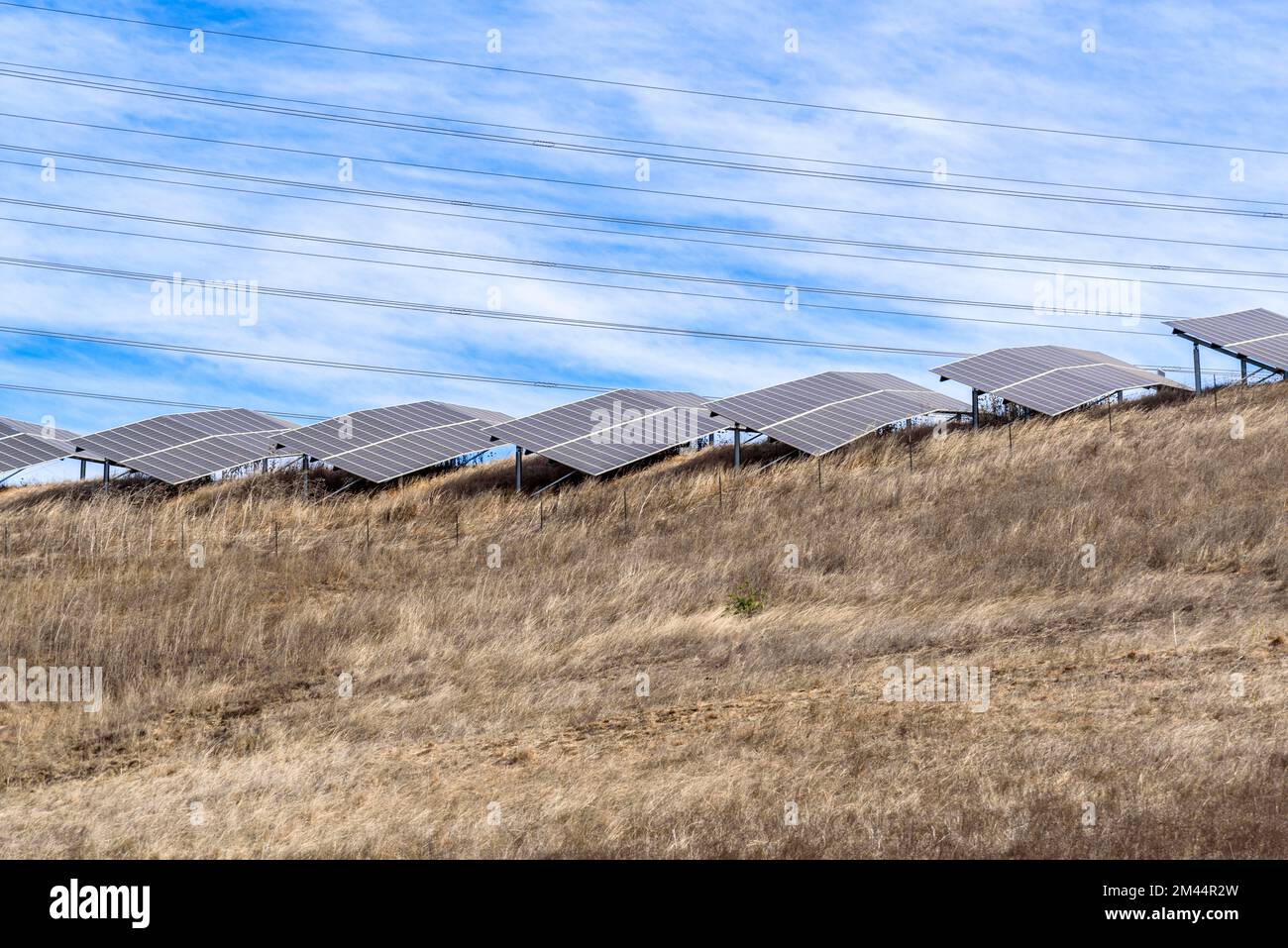 Eine Reihe von Solarpaneelen für die Stromerzeugung auf einem grünen Hügel Stockfoto