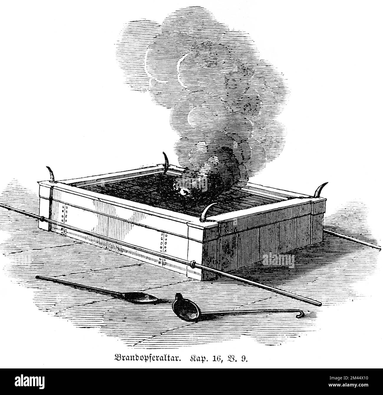 Altar des verbrannten Opfers, Leviticus Kapitel 16 Vers 9, Bibel, Opfertier, Stein, rechteckig, Rauch, historische Illustration 1850 Stockfoto