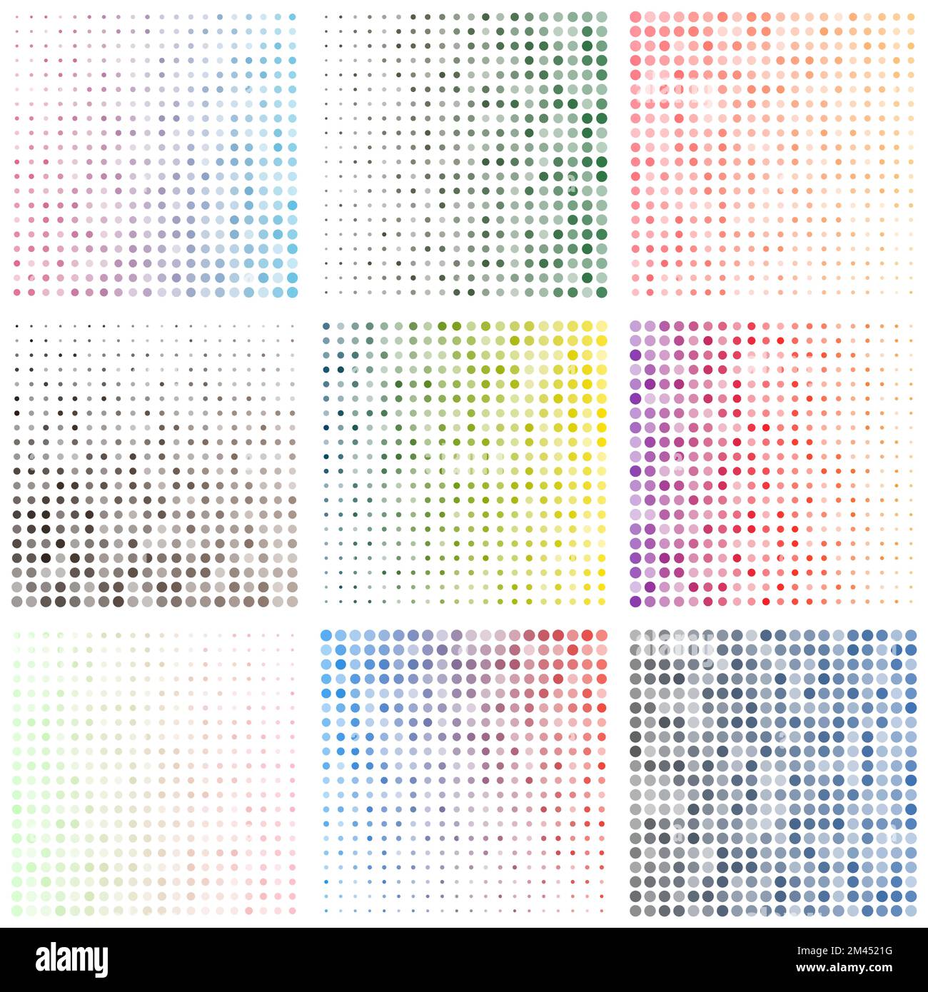 Set aus geometrischen Hintergründen. Abstrakte Verlaufsmuster aus kleinen, mehrfarbigen Kreisen. Stock Vektor