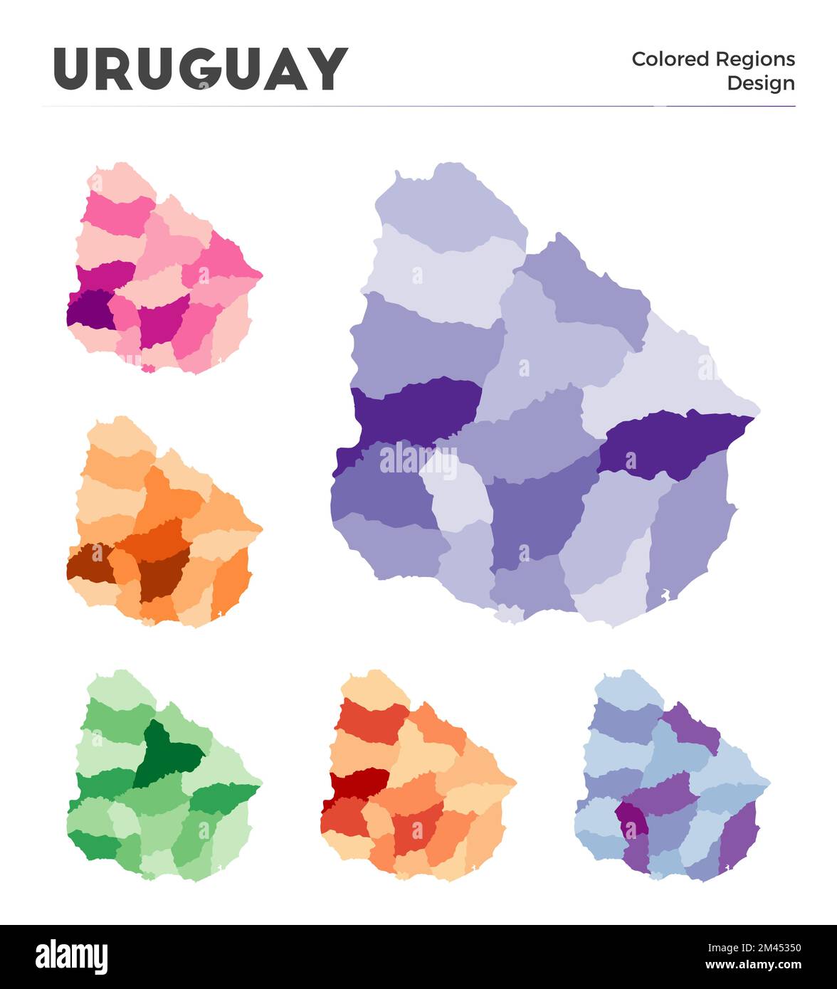 Uruguay Kartenkollektion. Grenzen von Uruguay für Ihre Infografik. Farbige Länderregionen. Vektordarstellung. Stock Vektor