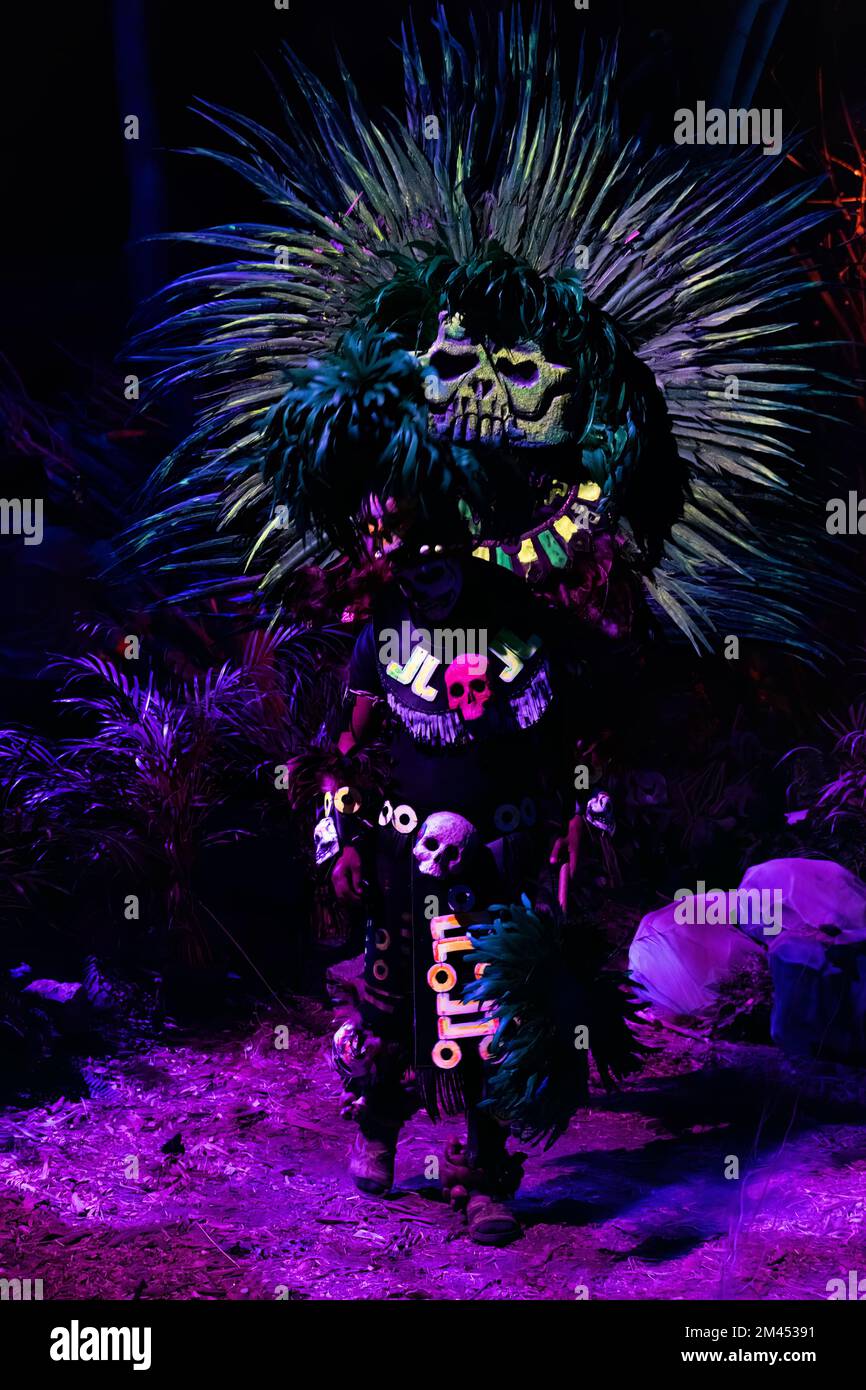 Eine Person, die für den Tag der Toten gekleidet ist, in prähispanischem Neonkostüm, Nachtsichtungen Stockfoto