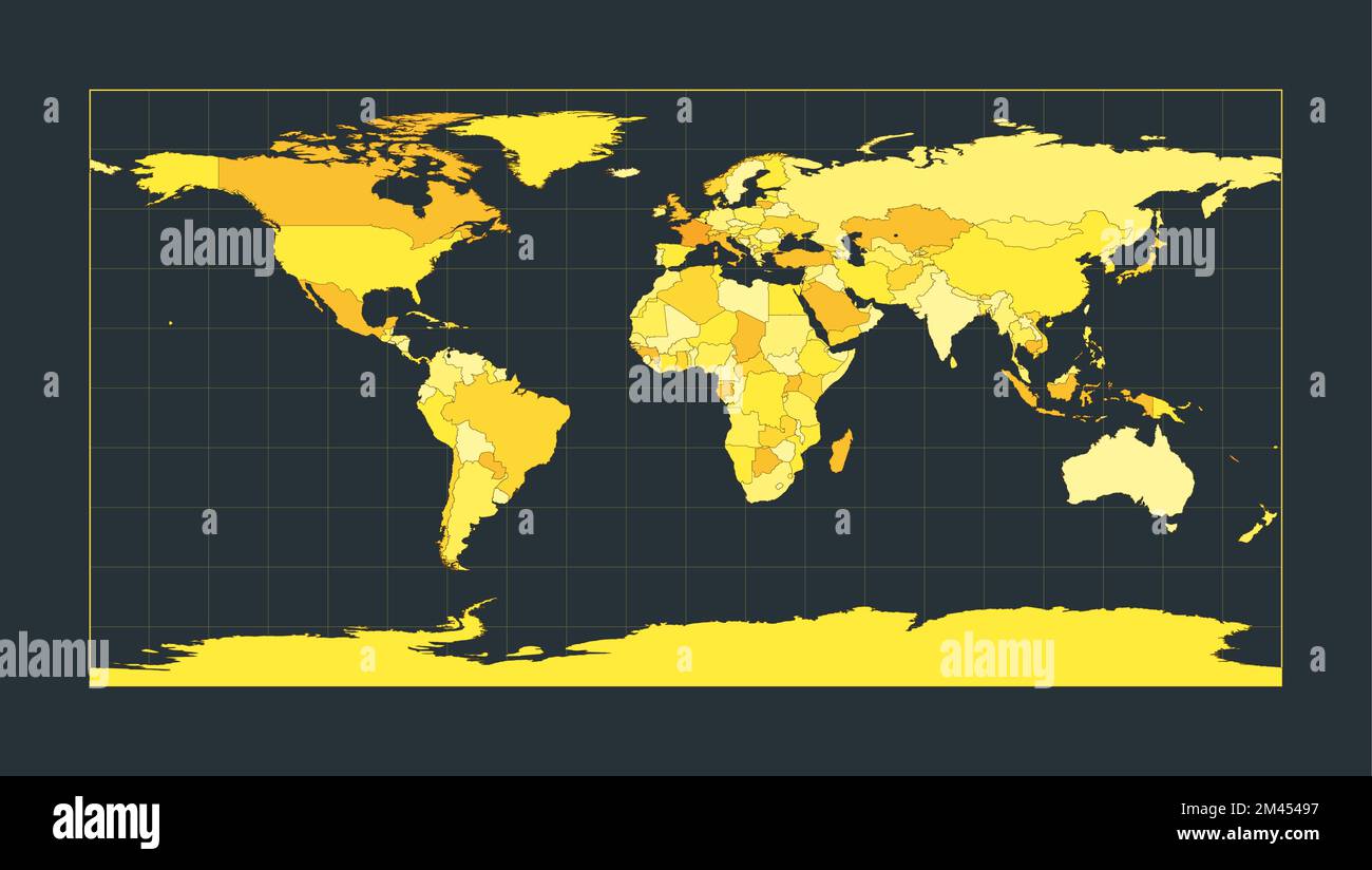 Weltkarte. Rechteckige (Platte Carree) Projektion. Futuristische Weltanschauung für deine Infografik. Leuchtend gelbe Landfarben. Charmanter vecto Stock Vektor