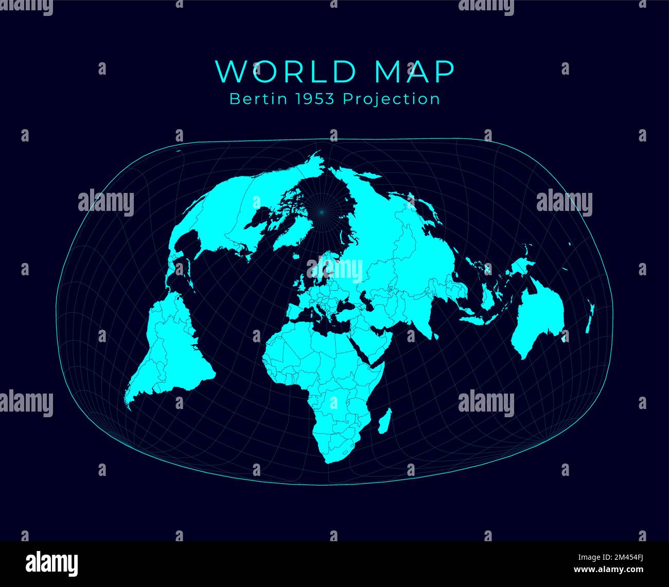 Weltkarte. Jacques Bertins Projektion 1953. Futuristische Infografik Weltanschauung. Helle Cyan-Farben auf dunklem Hintergrund. Charmanter Vektor Stock Vektor