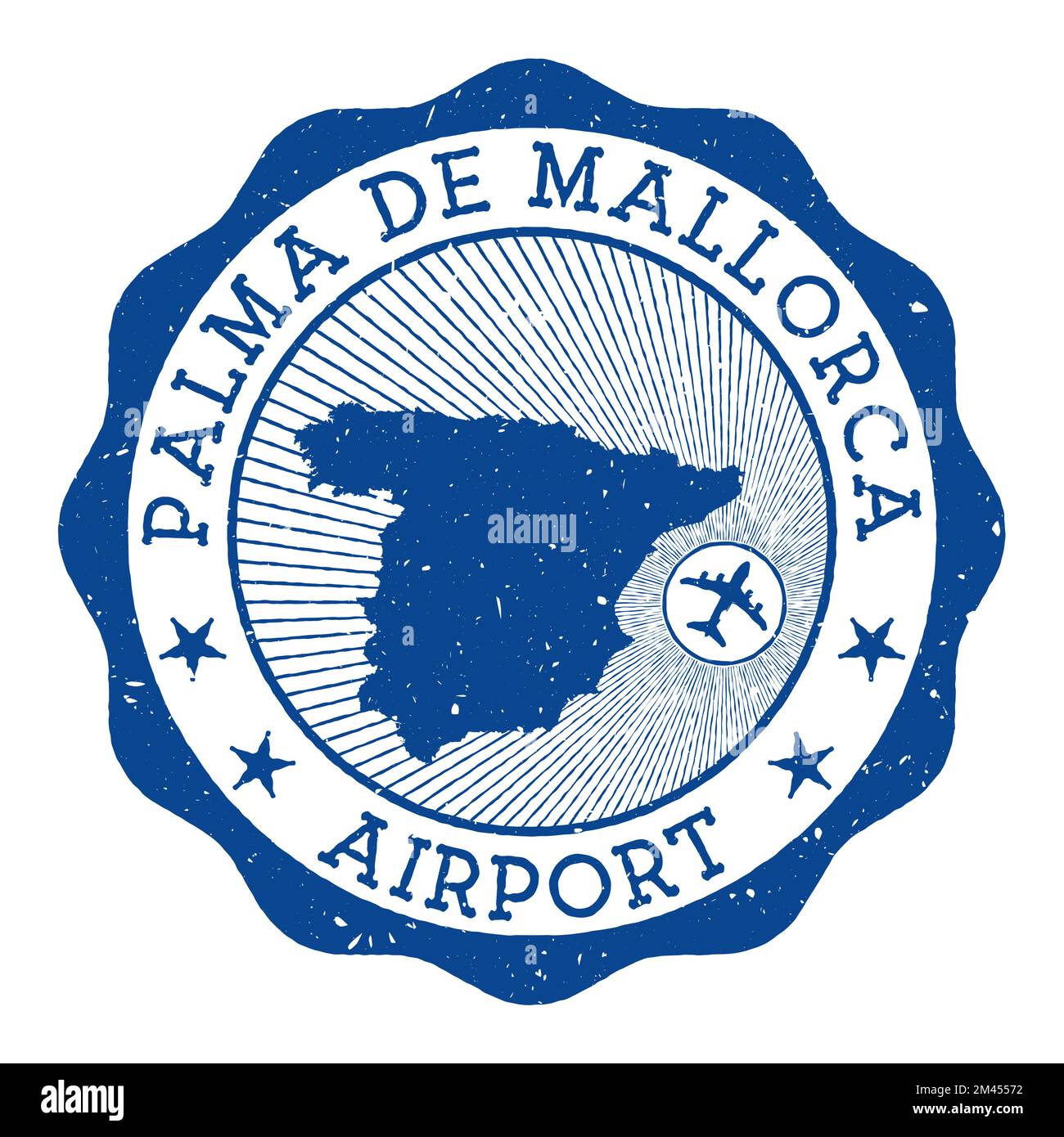 Stempel am Flughafen Palma De Mallorca. Flughafen von Palma De Mallorca rundes Logo mit Standort auf der spanischen Karte mit Flugzeug gekennzeichnet. Vektordarstellung. Stock Vektor