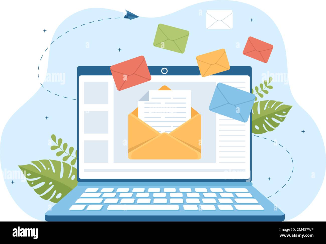 E-Mail-Service mit Zustellung von Korrespondenz, E-Mail-Nachricht und Business-Marketing in flacher, handgezogener Karikatur Illustration Stock Vektor