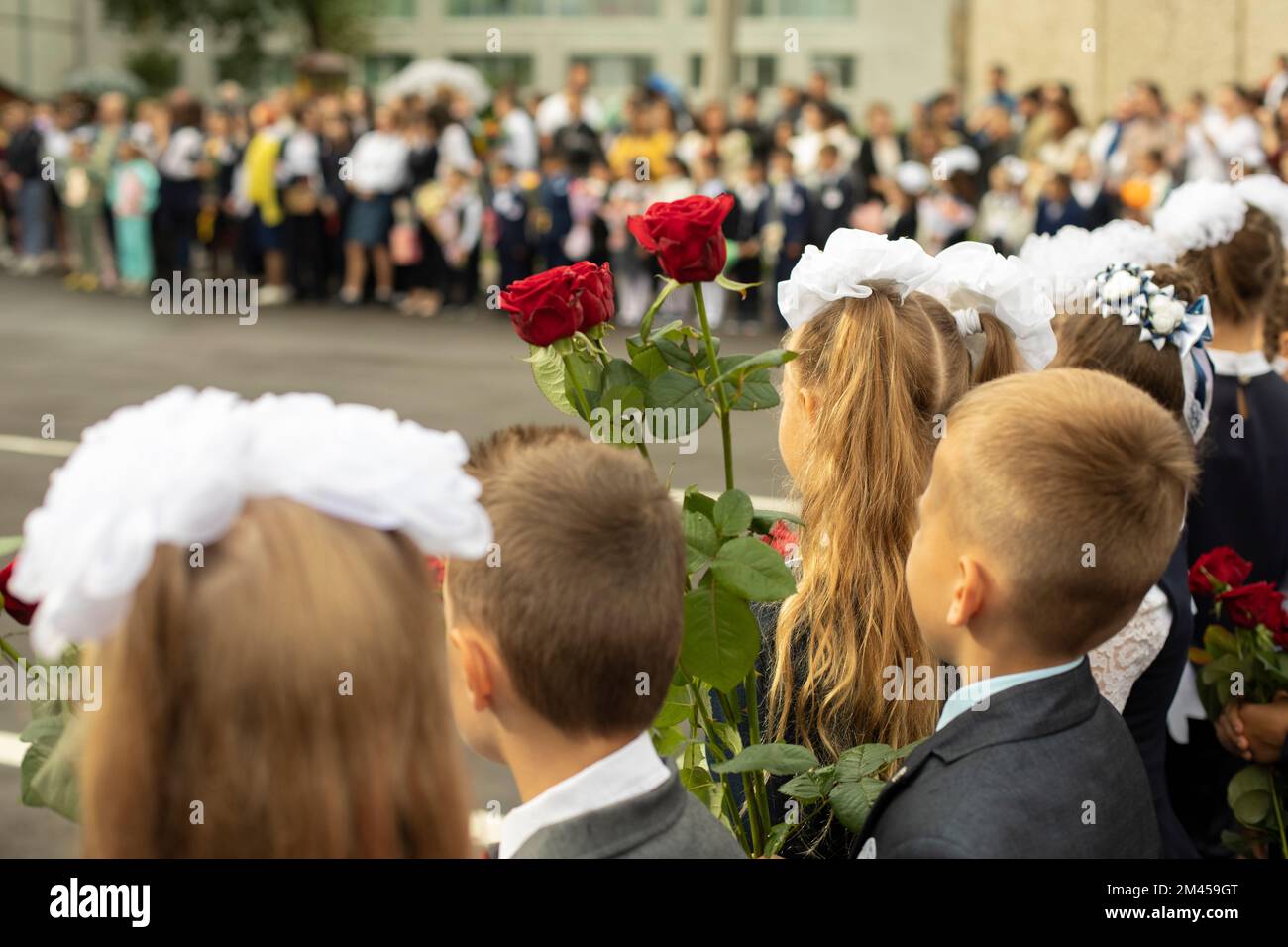 Wissenstag in Russland. Kinder mit Blumen. Erstklässler am 1. September. Schüler vor der Schule. Die Studenten gratulieren den Buchhaltern. Stockfoto