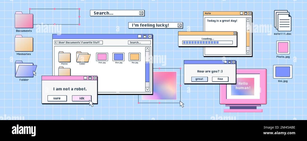 PC-Bildschirm mit alten Software-Fenstern, die auf dem Desktop geöffnet sind. Vektordarstellung von Ordner, Datei, Miniaturansichten von Dokumenten, Ladefortschritt und Popup-Benachrichtigungen. Design der Benutzeroberfläche im Retro-Look Stock Vektor