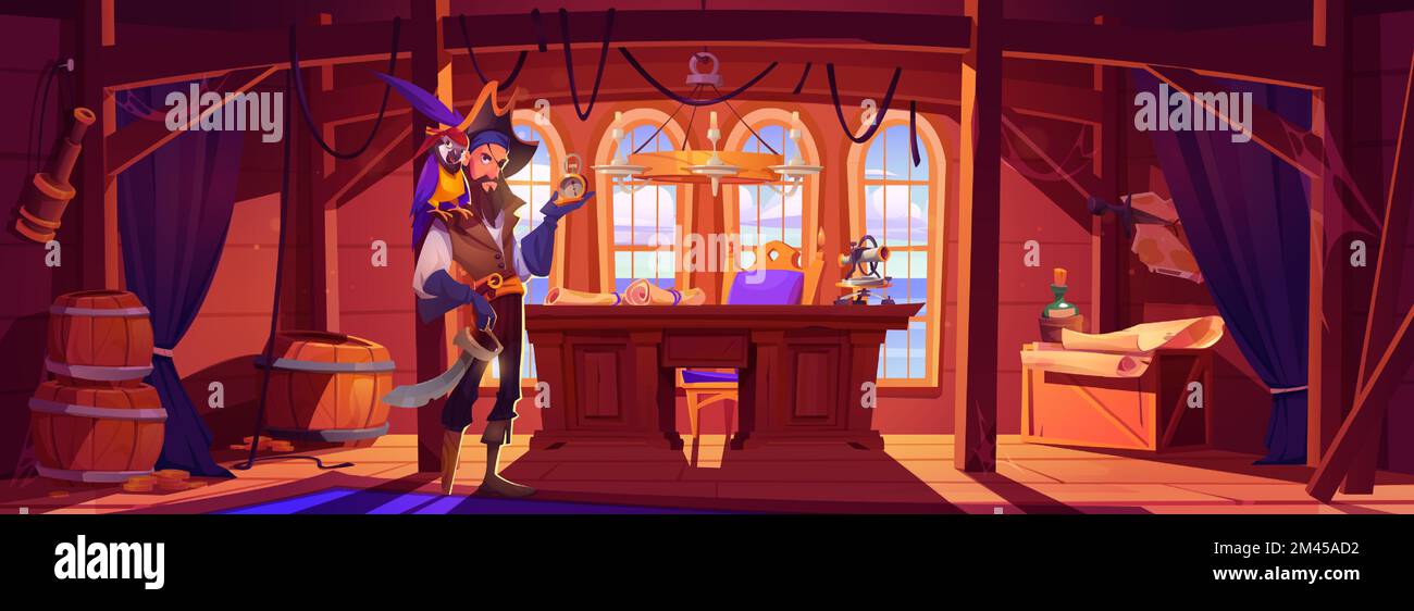 Ein Pirat mit Holzbeinen und Papagei, der in der Schiffskabine steht. Vektordarstellung einer einäugigen corsair-Figur mit goldener Uhr in der Hand, Tiervogel auf der Schulter, Säbel auf der Taille, Schatzkarten auf dem Tisch Stock Vektor