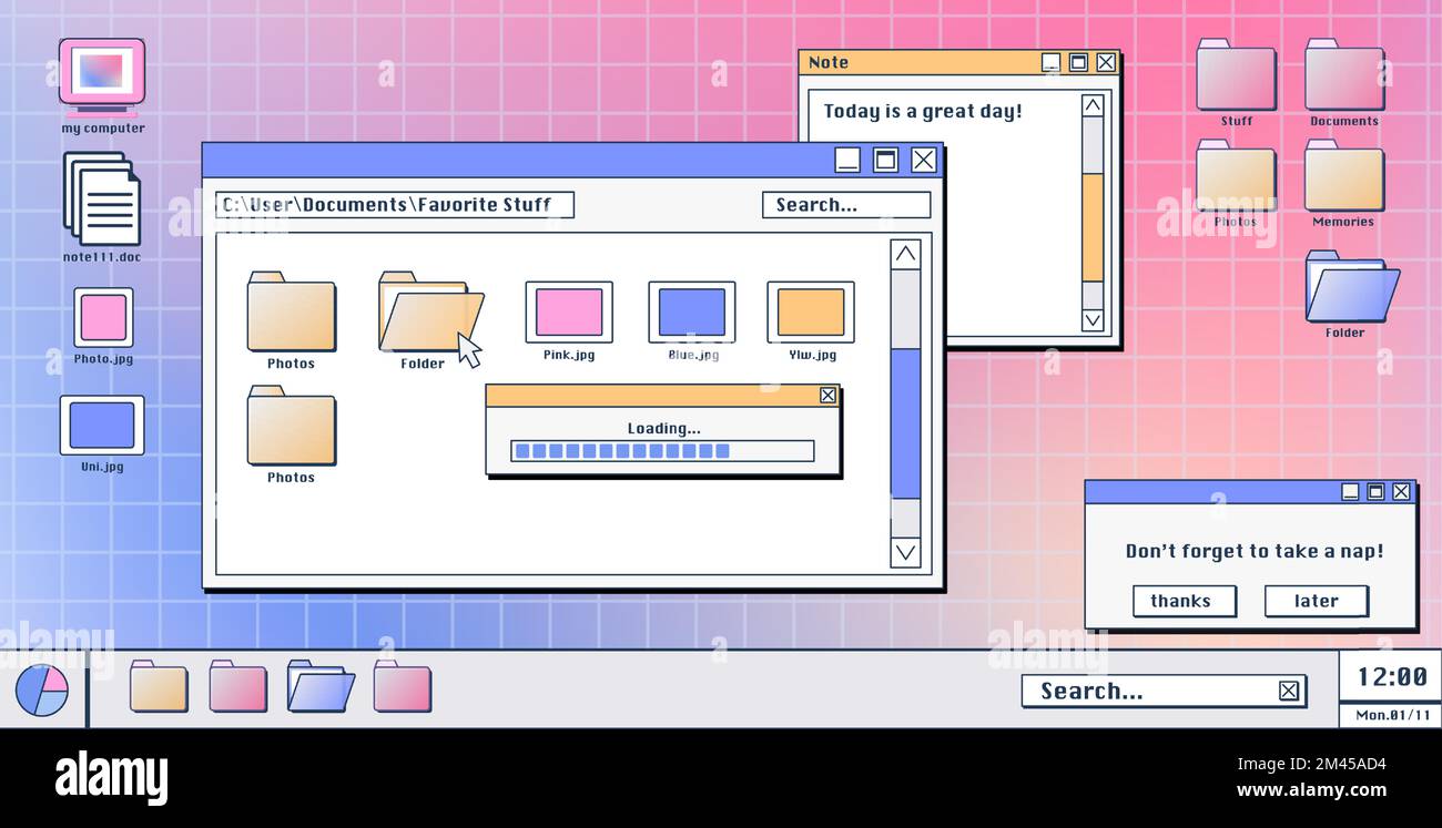 Computerbildschirm mit 90s Retro-Software-Fenstern auf dem Desktop. Vektordarstellung des Ordners, der Datei, des Dokuments, der Symbole der Statusleiste zum Laden und der Popup-Benachrichtigungen. Design der Vaporwave Benutzeroberfläche Stock Vektor