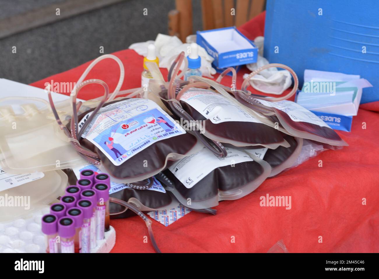 Kairo, Ägypten, Dezember 15 2022: Blutbeutel und Blutproben von Spendern bereit zur Lieferung an die Blutbank während einer Blutspendekampagne für Chil Stockfoto
