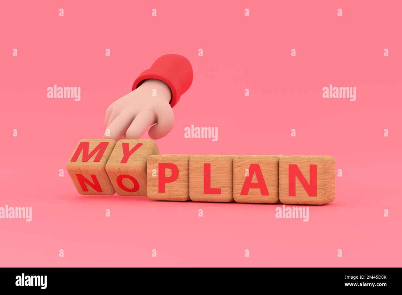 3D. Die Hand würfelt und ändert den Ausdruck „Myplan“ in „noplan“. Stockfoto