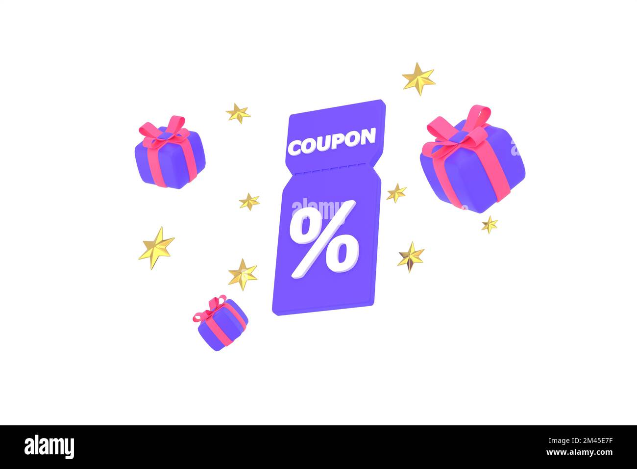 3D. Zusammensetzung von Sale Coupons und Geschenkboxen. Stockfoto