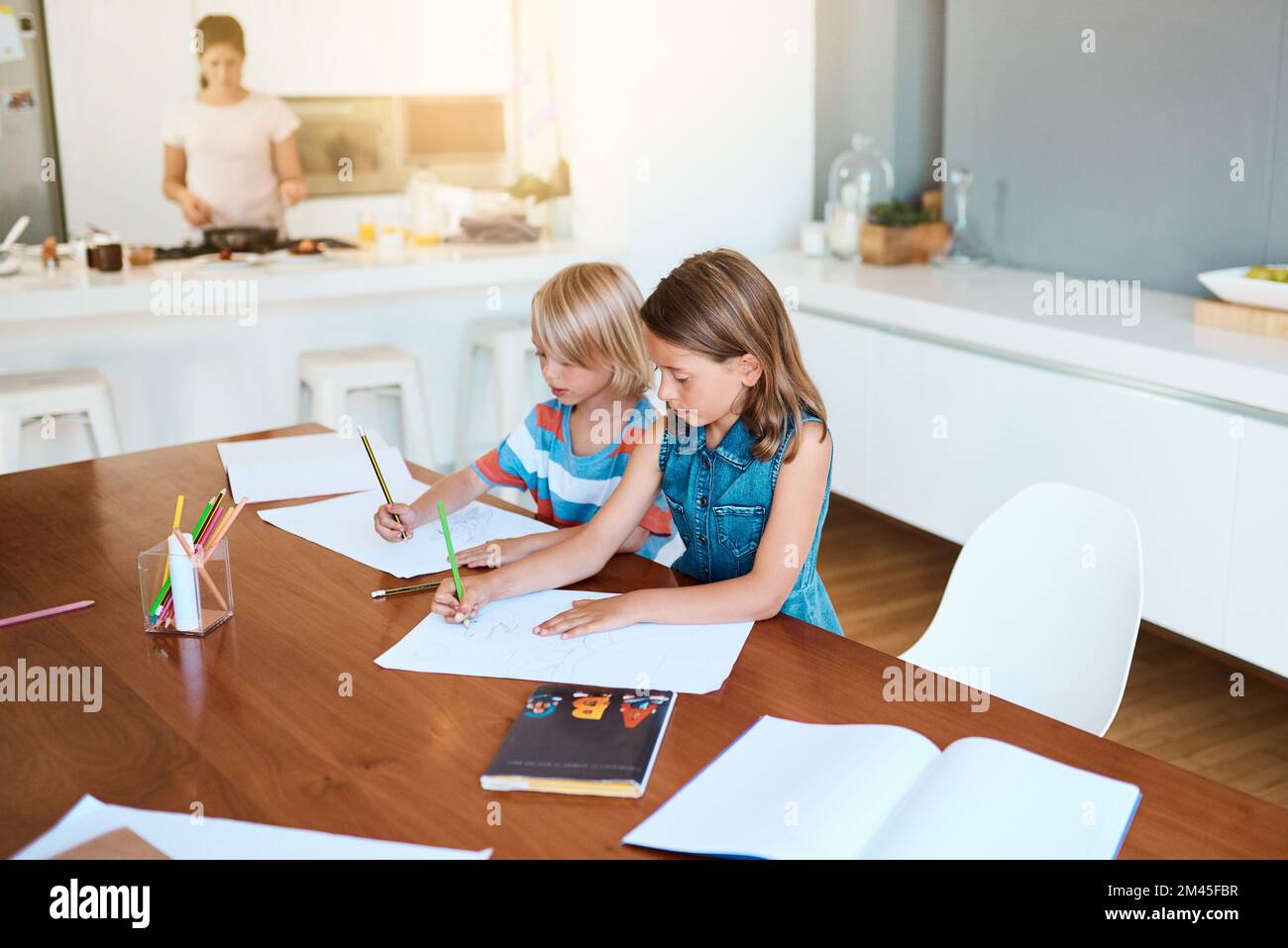 Sie machen ihre Hausaufgaben immer gern zusammen. Zwei süße kleine Kinder, die ihre Hausaufgaben zusammen zu Hause machen. Stockfoto