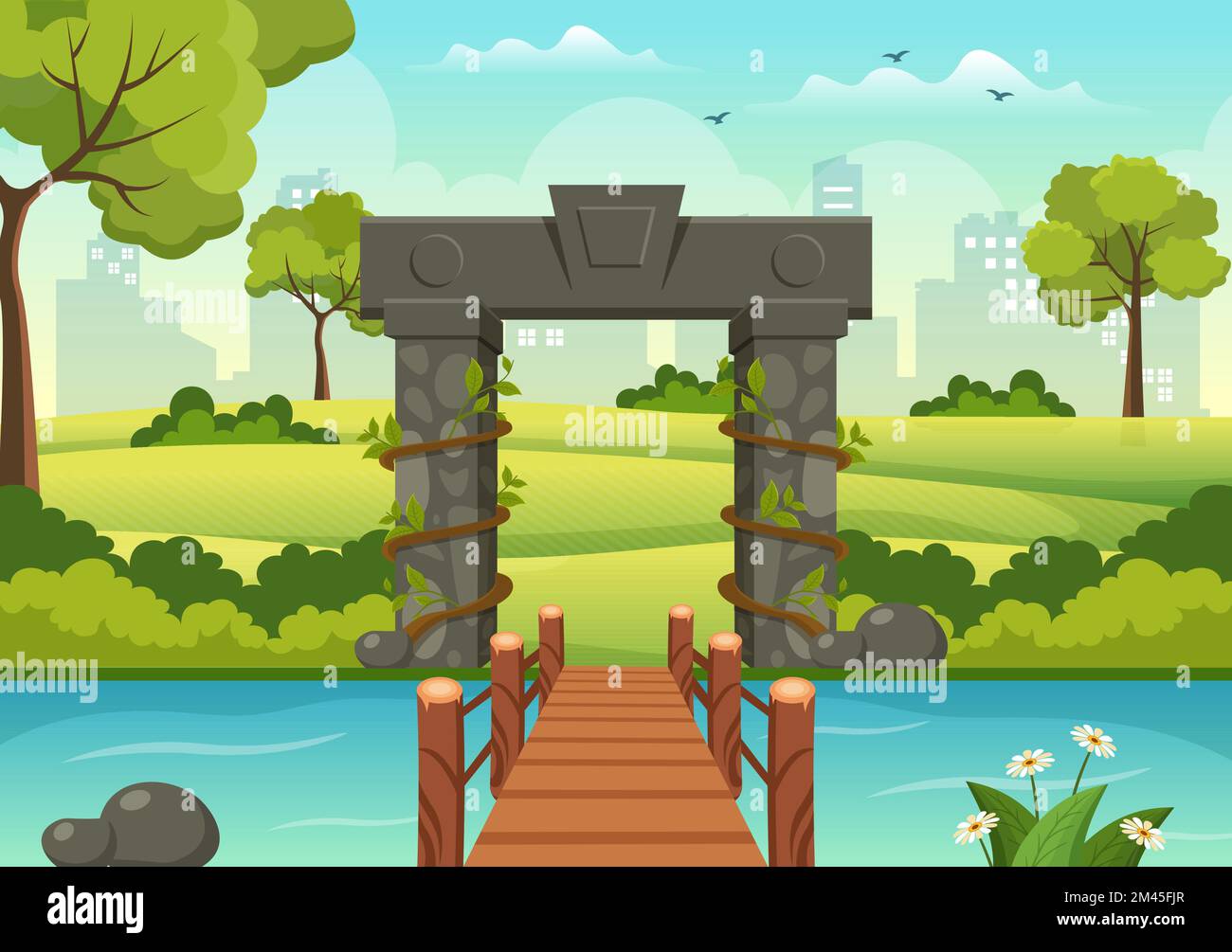 Portal mit Sommerlandschaft Steinbogen Eingang zum öffentlichen Park, Grüngras oder Garten in flacher Cartoon handgezeichnete Vorlage Illustration Stock Vektor