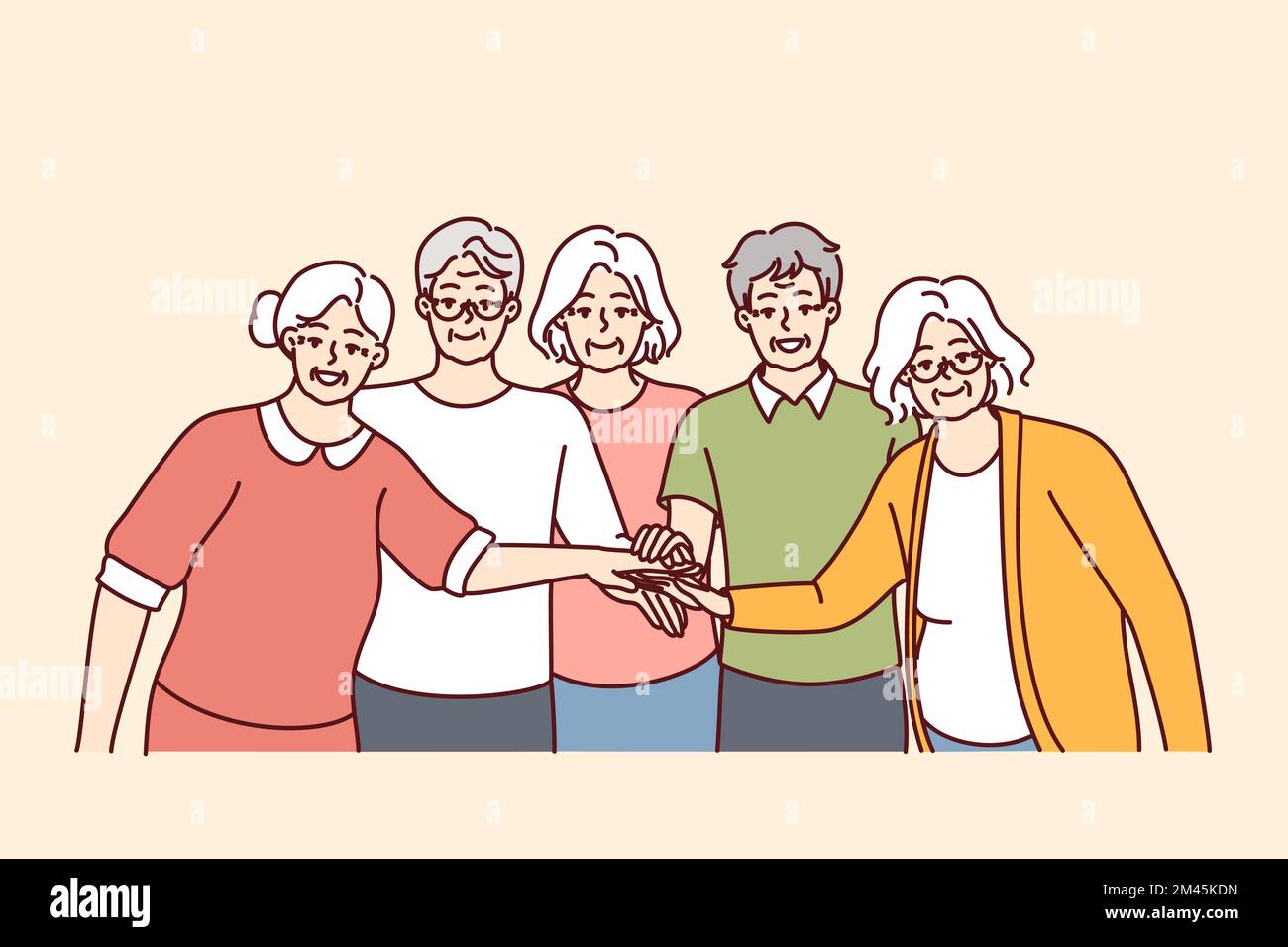 Ältere Männer und Frauen mit grauen Haaren stehen mit ausgestreckten Händen zur Mitte und demonstrieren Solidarität. Freundliche Rentner aus dem Pflegeheim in legerer Kleidung mit Lächeln. Flaches Vektorbild Stock Vektor