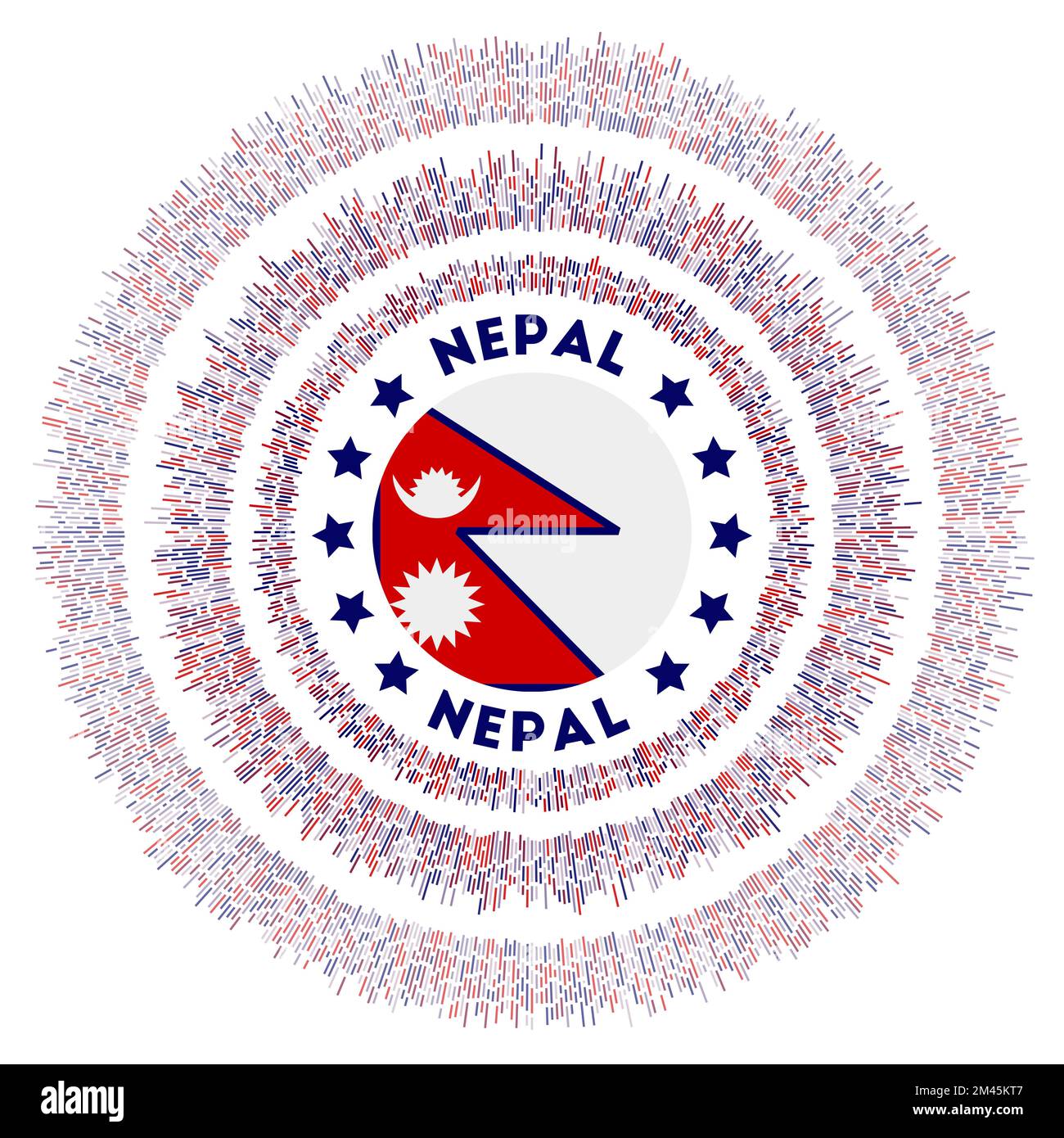 Nepal-Symbol. Leuchtende Landflagge mit bunten Rochen. Glänzender Sonnenschein mit nepalesischer Flagge. Authentische Vektordarstellung. Stock Vektor